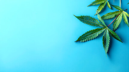 Drone shot of cannabis leaves on a vibrant blue background with negative space Generative AI