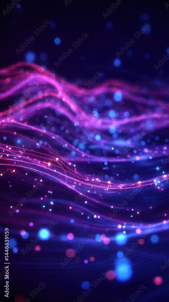 Poster abstract luminous wave pattern with glowing particles on dark blue background creating a futuristic 
