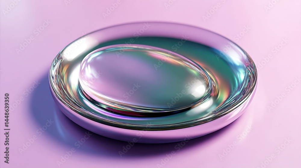 Poster iridescent glass object on a soft pink surface creating a modern abstract background with smooth gra