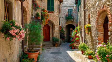 Charming alleyway of Baciafemmine in Vicolo Scheggino, Italy evokes timeless beauty Generative AI
