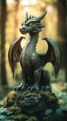 Small bronze dragon statue, perched on a mossy rock, in a sunlit forest