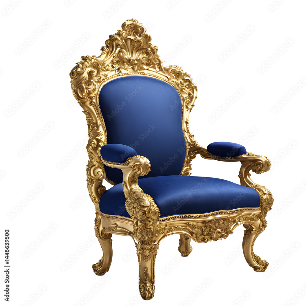 Poster baroque-style armchair with ornate gilded frame and royal blue fabric isolated on a empty plain back