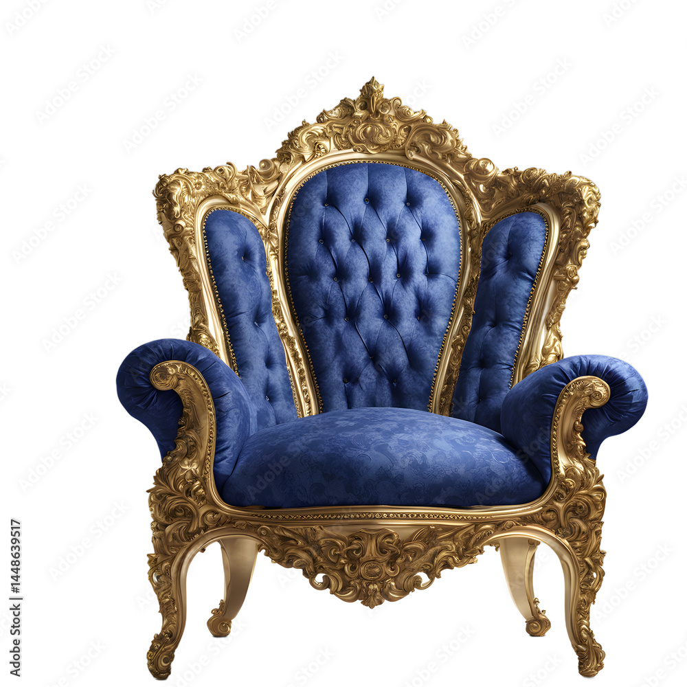 Aufkleber baroque-style armchair with ornate gilded frame and royal blue fabric isolated on a empty plain back