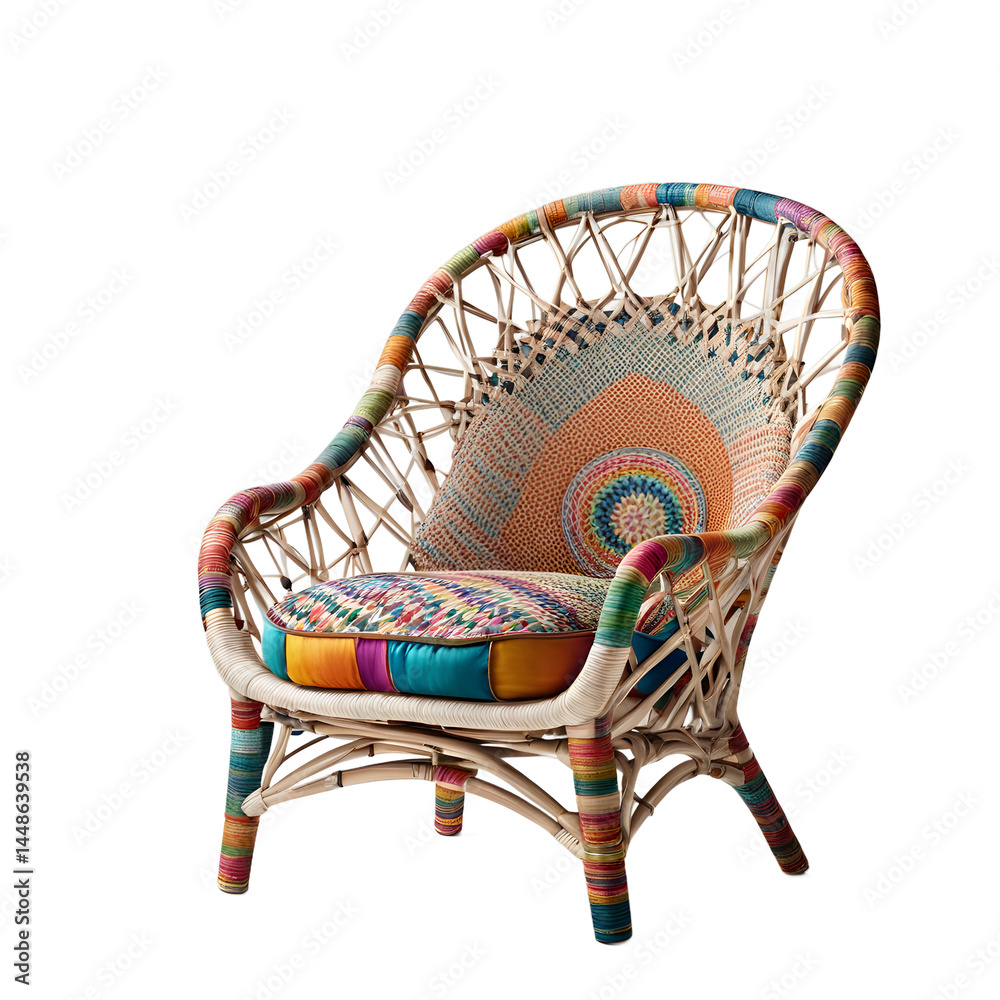 Poster bohemian rattan armchair with colorful woven patterns isolated on a empty plain background