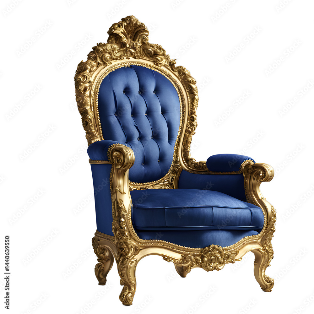 Poster baroque-style armchair with ornate gilded frame and royal blue fabric isolated on a empty plain back