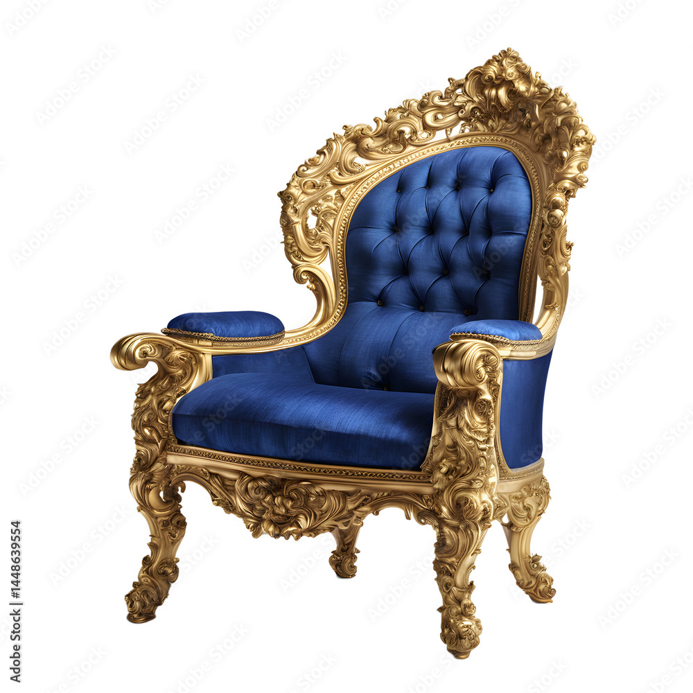 Poster baroque-style armchair with ornate gilded frame and royal blue fabric isolated on a empty plain back