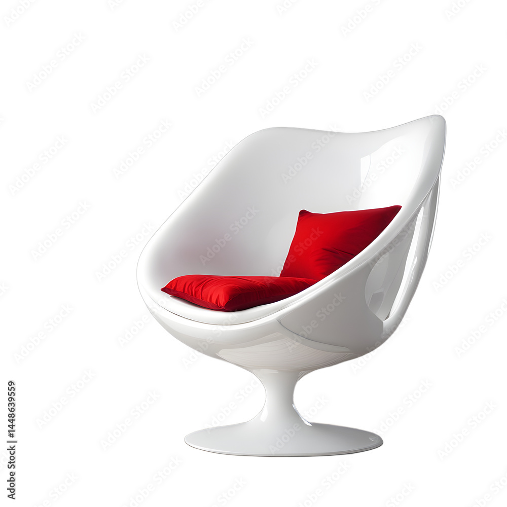Poster chic tulip armchair in pure white plastic and red cushion isolated on a empty plain background