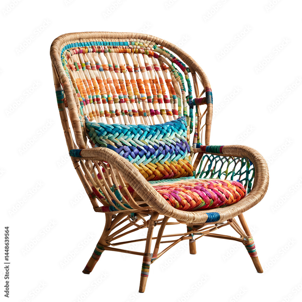 Poster bohemian rattan armchair with colorful woven patterns isolated on a empty plain background