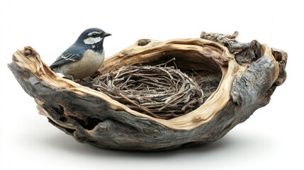 Fototapeta premium A small bird perches on the edge of a hollowed-out log, a nest made of twigs sits inside the log.