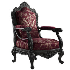 Gothic revival armchair with dark iron frame and heavy burgundy brocade isolated on a empty plain background