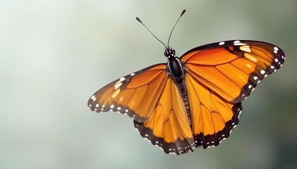 Obraz premium One vibrant orange butterfly on white backdrop, nature photography, stand out, alone