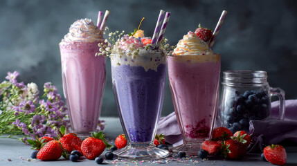 Berry smoothie milkshake creation with colorful toppings and flowers Generative AI