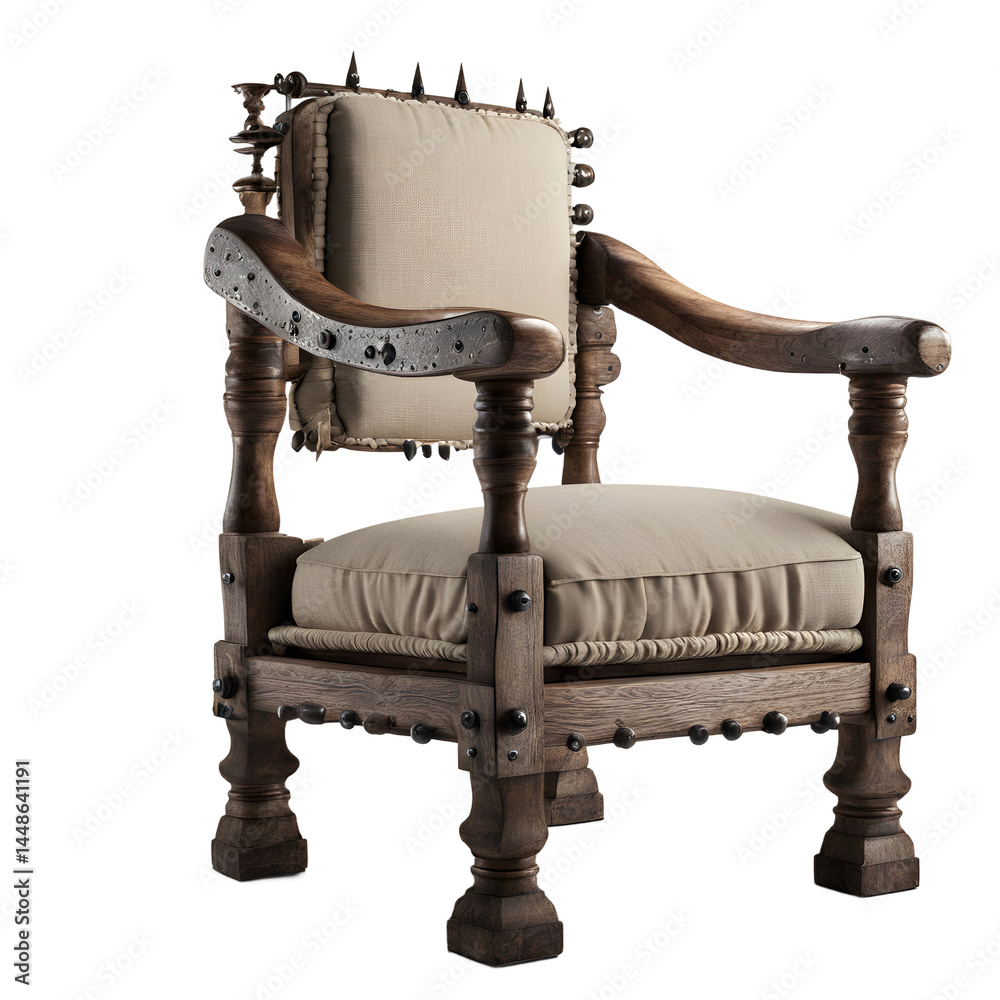 Poster medieval rustic wooden armchair with iron nails and wool cushion isolated on a empty plain backgroun