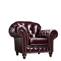 Luxurious Chesterfield armchair in deep burgundy leather isolated on a empty plain background
