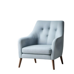 Minimalist modern armchair in pastel blue fabric isolated on a empty plain background