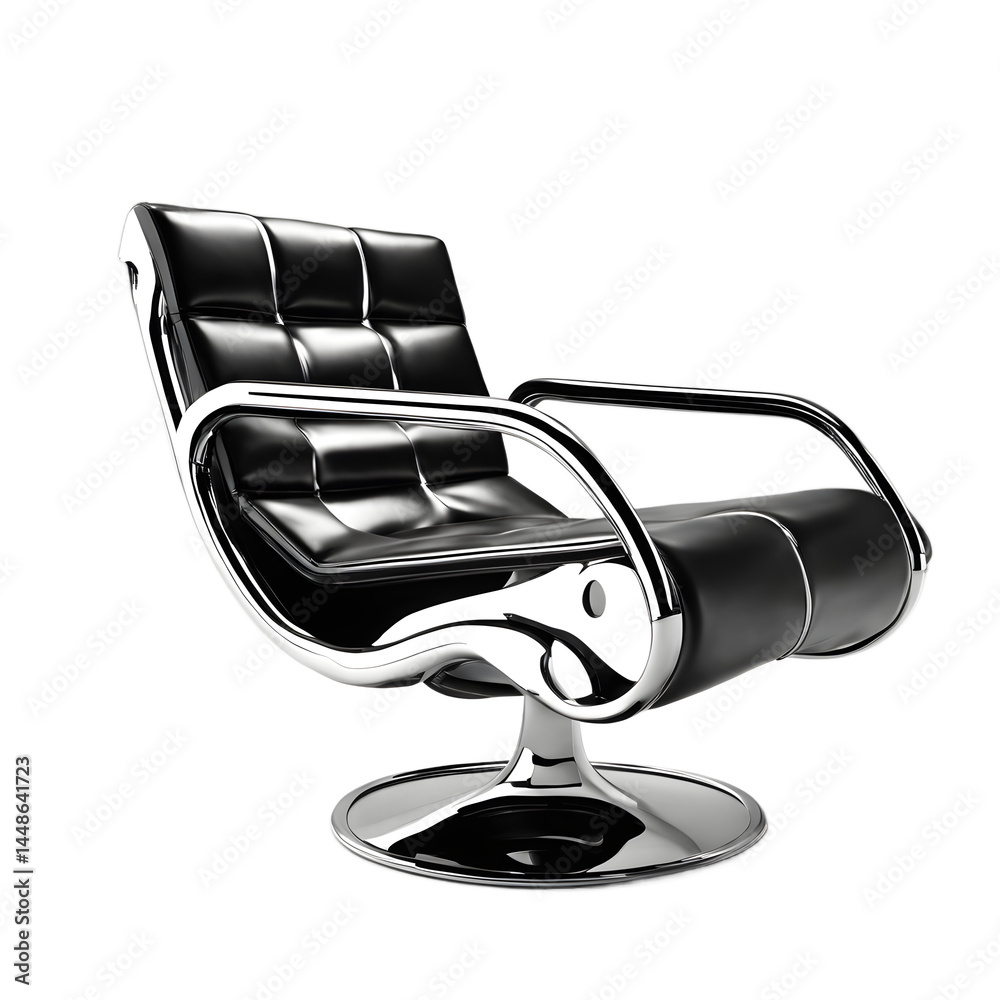 Poster retro-futuristic armchair in shiny chrome and black faux leather isolated on a empty plain backgroun