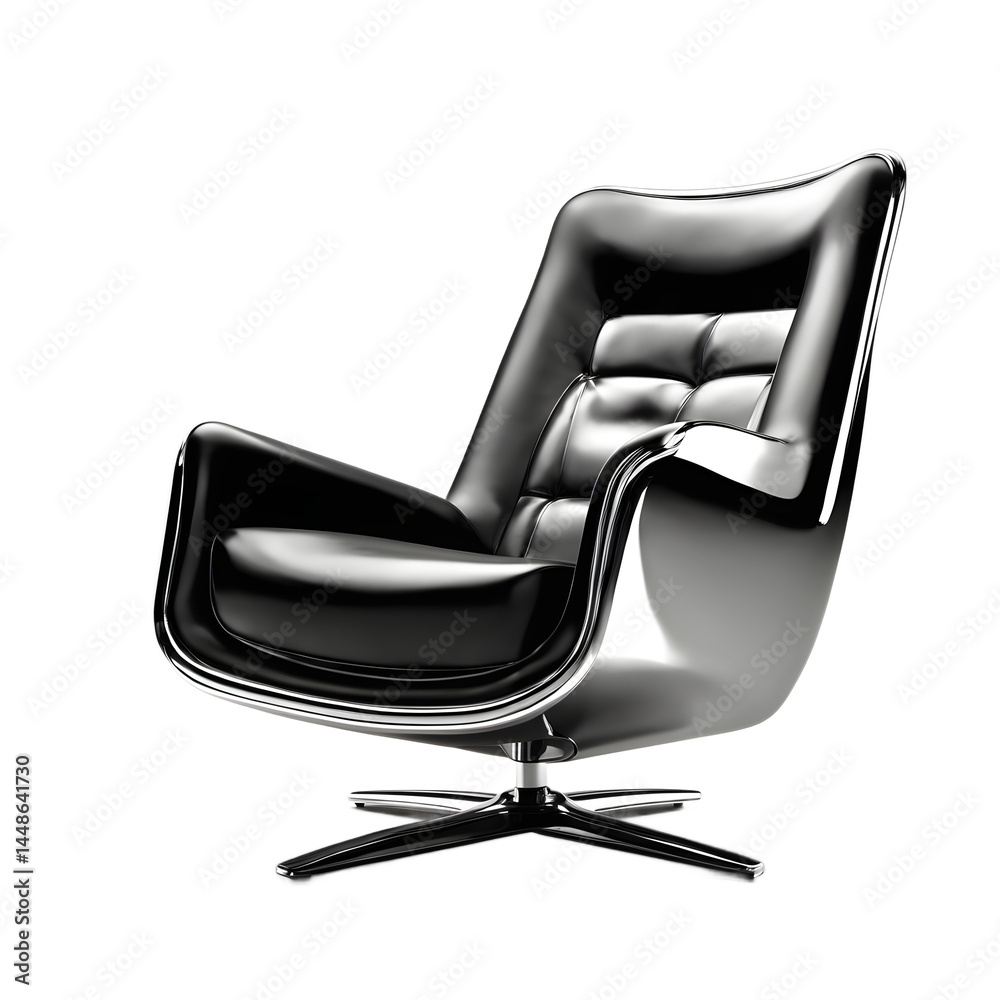 Poster Retro-futuristic armchair in shiny chrome and black faux leather isolated on a empty plain background