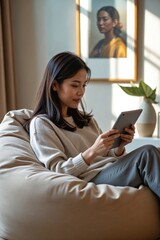 Modern Leisure: Asian Woman Relaxing at Home Browse an Online Art Museum's High-Fidelity Digital Exhibits