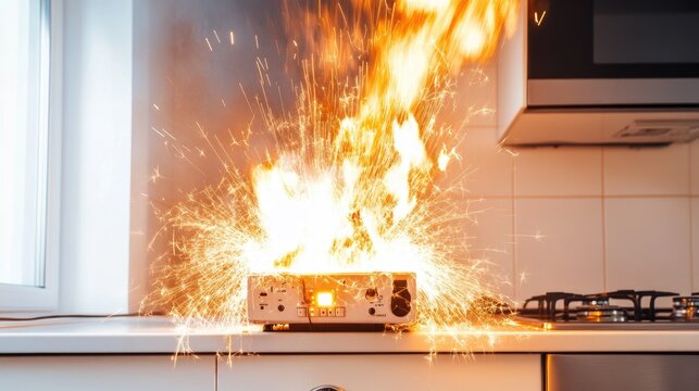 A surge protector loaded with appliances sparks in a white-walled living space, signaling the danger of electrical overload and poor outlet management.