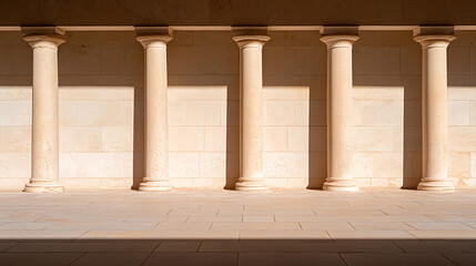 Row of architectural columns casts shadows on stone flooring and wall. Neutral tones create a classic, elegant look. Building exterior with texture.