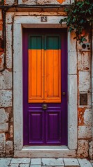 Vibrant painted door on a stone building
