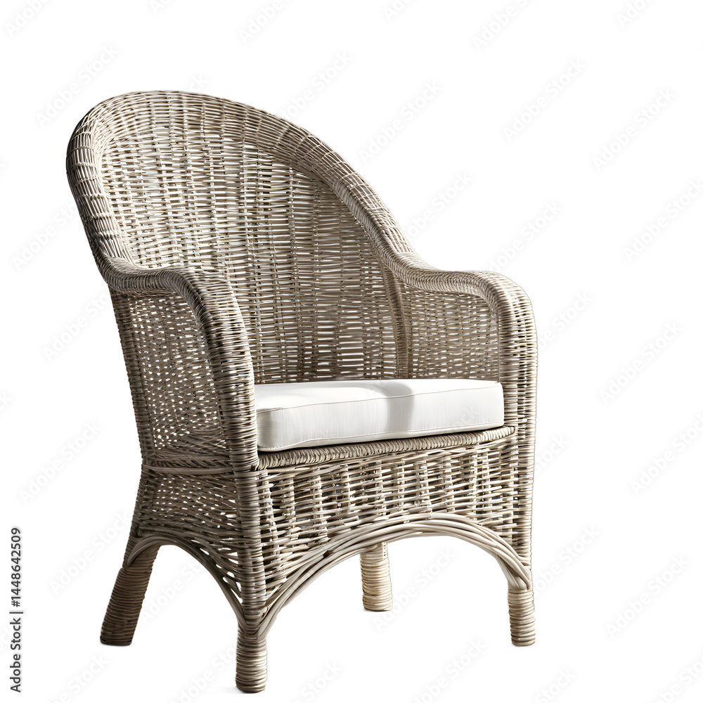 Poster simple beach house wicker armchair in whitewash finish isolated on a empty plain background