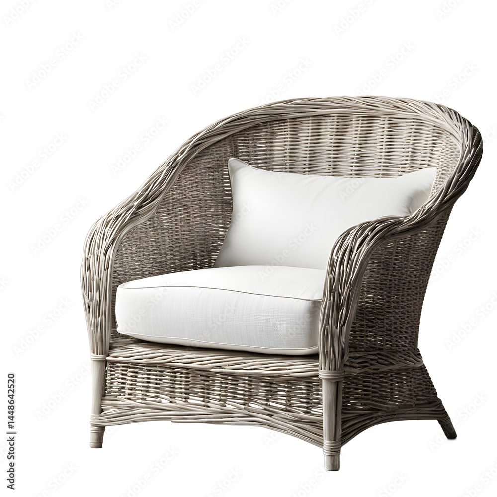Poster Simple beach house wicker armchair in whitewash finish isolated on a empty plain background
