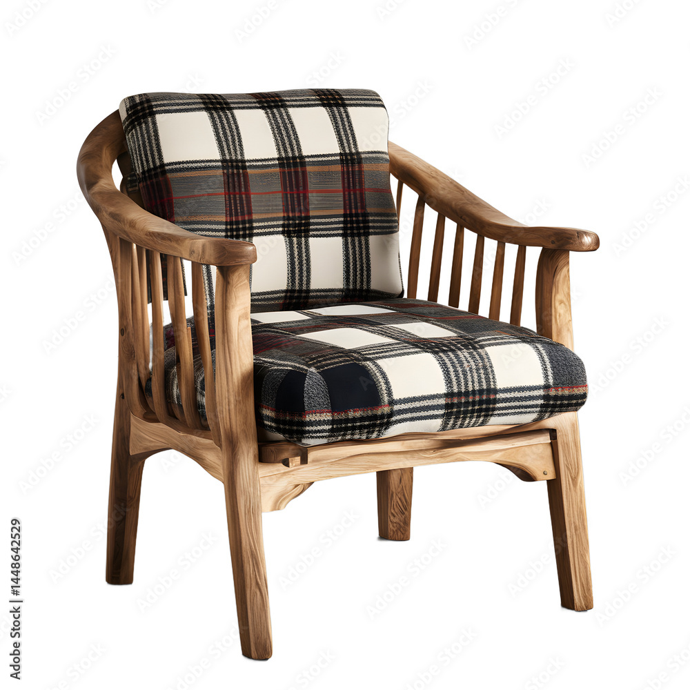 Poster simple rustic pinewood armchair with plaid wool seat cushion isolated on a empty plain background