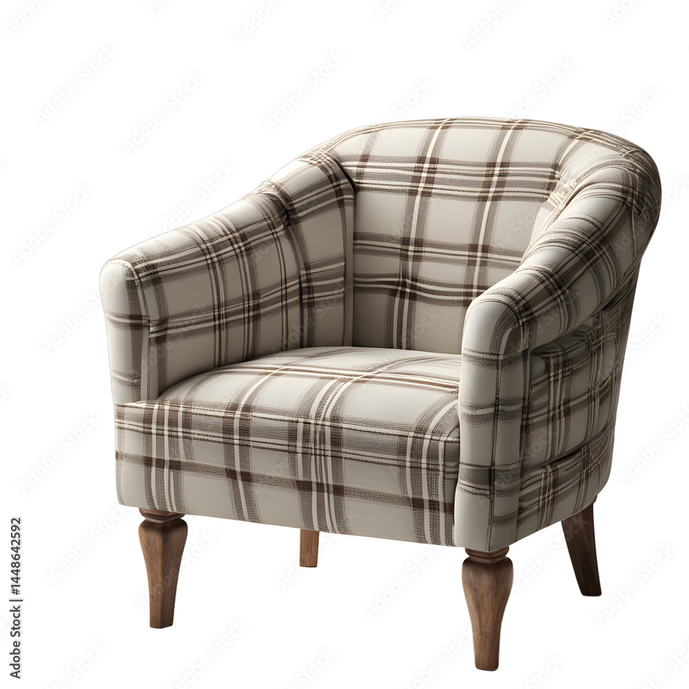 Poster simple rustic pinewood armchair with plaid wool seat cushion isolated on a empty plain background