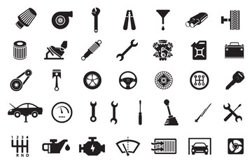 A set of car parts and automotive accessories in vector format. Ideal for repair shop designs, mechanic branding, and car-related infographics.