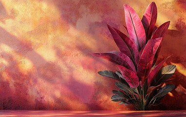 Vibrant pink tropical plant against a textured orange wall bathed in sunlight