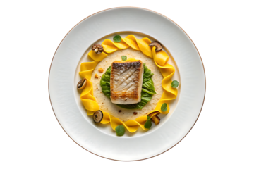 Gourmet fish dish with yellow pasta and mushrooms on transparent background
