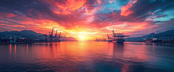 Vibrant sunset over a bustling harbor