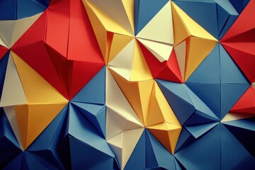 Fototapeta premium Geometric paper art installation featuring vibrant red yellow and blue origami triangles creating a dynamic and colorful abstract design perfect for backgrounds