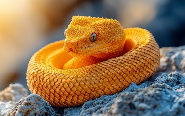 Vibrant yellow snake coiled on rocks