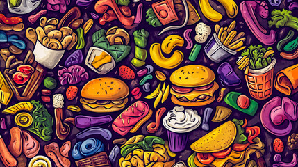 Fototapeta premium Fast food doodle set, vector art for menu, packaging design