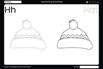Trace Letter H. Cozy Hat Coloring Page for Kids. Printable Vocabulary Builder. Educational Vector Worksheet