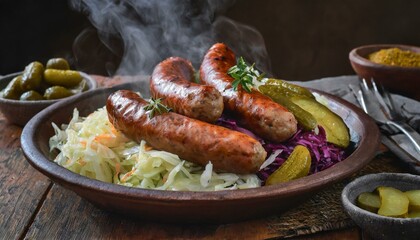 Steaming sausages with sauerkraut and pickles
