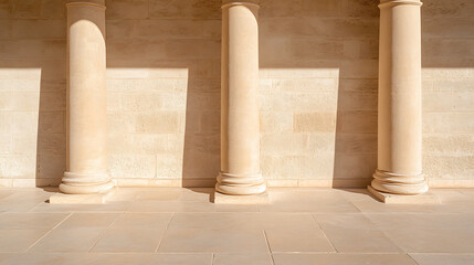 Three stone columns stand in a row, casting shadows on the wall behind them, under the bright sunlight. They add a sense of grandeur and architectural beauty.