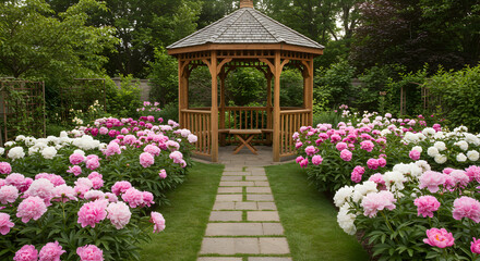 Idyllic Garden Retreat With Blossoming Peonies And Wooden Gazebo