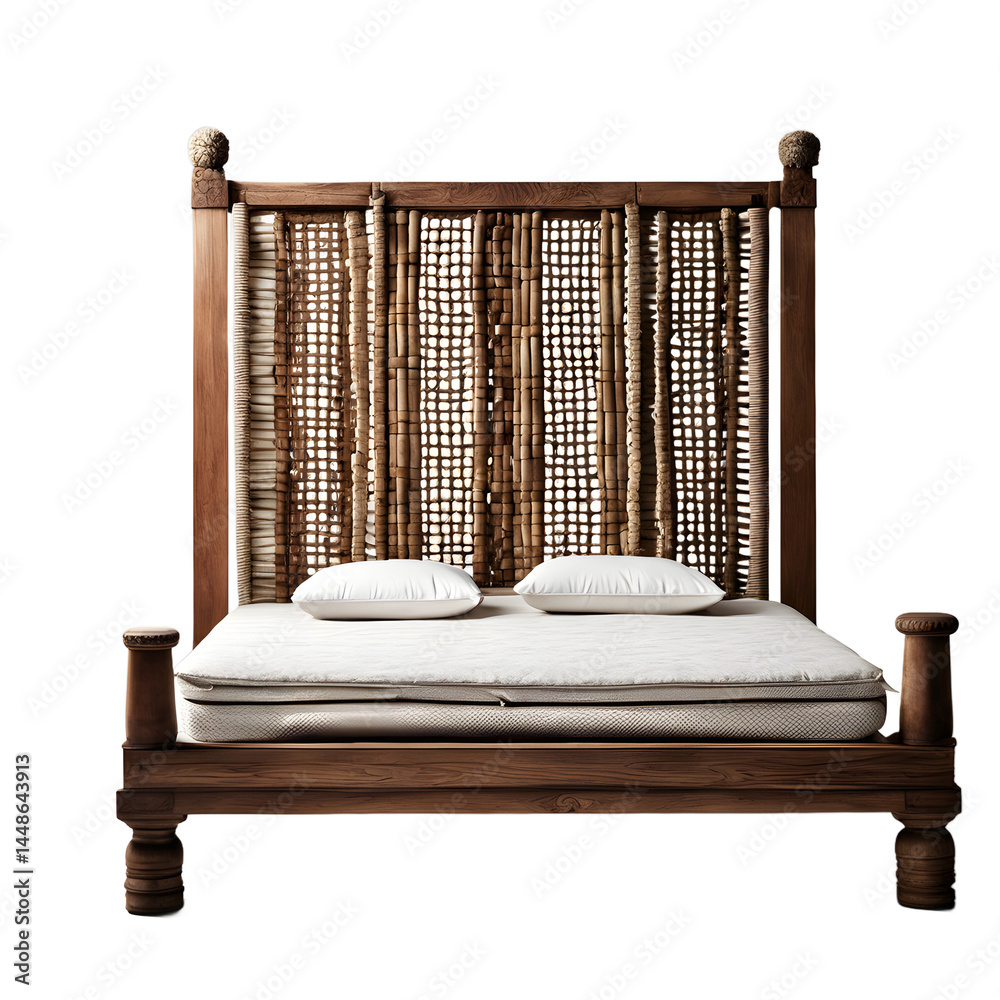 Poster ancient roman-style low wooden bed with simple woven mattress, isolated on a empty plain background