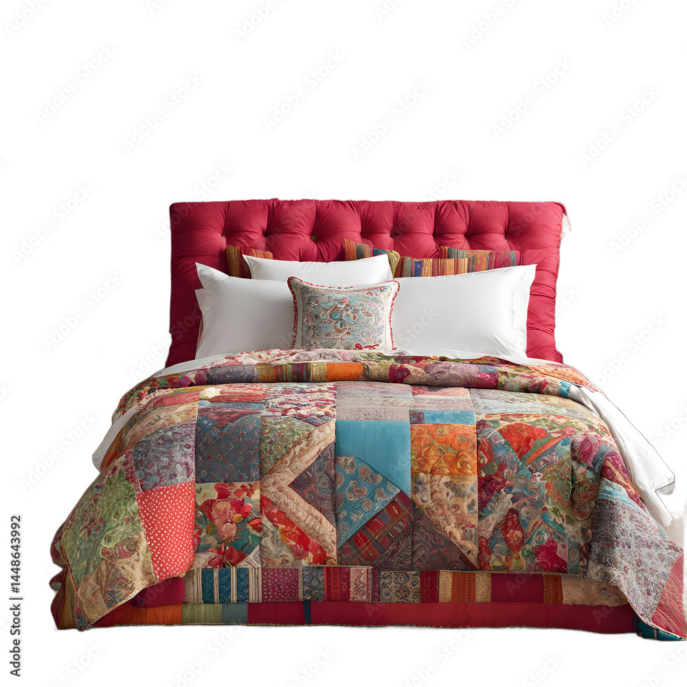 Poster Bohemian colorful patchwork fabric bed, isolated on a empty plain background