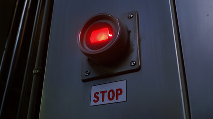 Illuminated emergency stop button indicates a critical system halt. A high contrast image that depicts safety, urgency, and the potential need for immediate action.