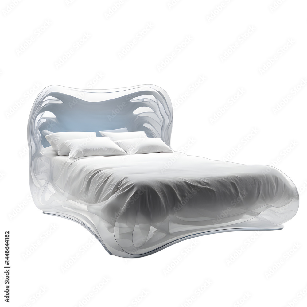 Poster futuristic bio-organic flowing form bed in translucent material, isolated on a empty plain backgroun