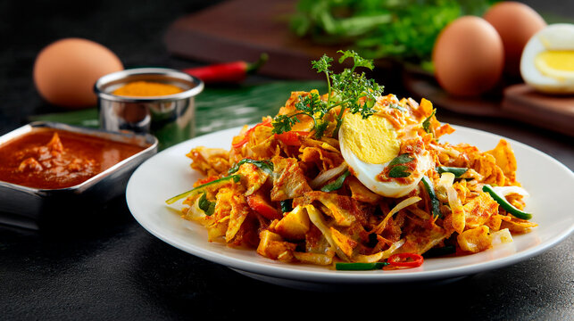 Delicious kottu roti with egg, fresh herbs and spicy sauce on a white plate
