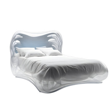 Futuristic bio-organic flowing form bed in translucent material, isolated on a empty plain background