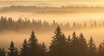 Obraz premium Misty Golden Sunrise Over a Serene Coniferous Forest