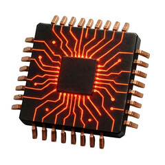 A sophisticated microchip pulsating with luminous orange internal circuits and surrounded by conductive metallic pins.