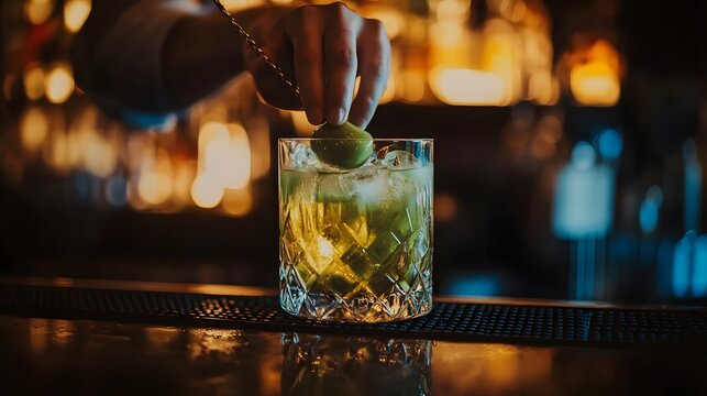 Bartender Making Green Olive Cocktail Drink