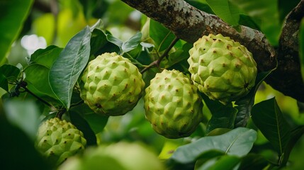 Fototapeta premium Several Cherimoyas Nestled Amongst Lush Green Branches in Nature's Embrace